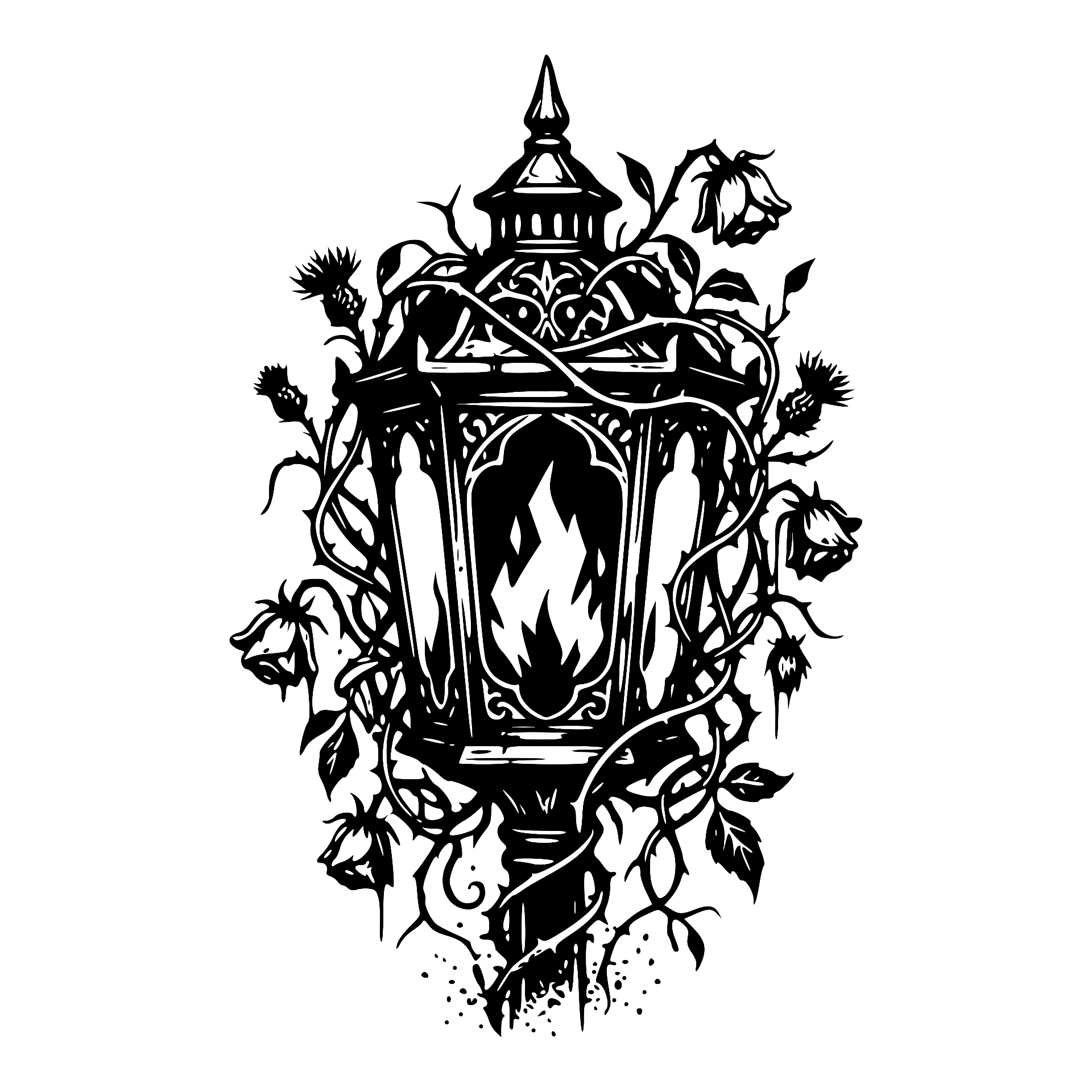 Vintage flaming lantern wrapped in thorny roses