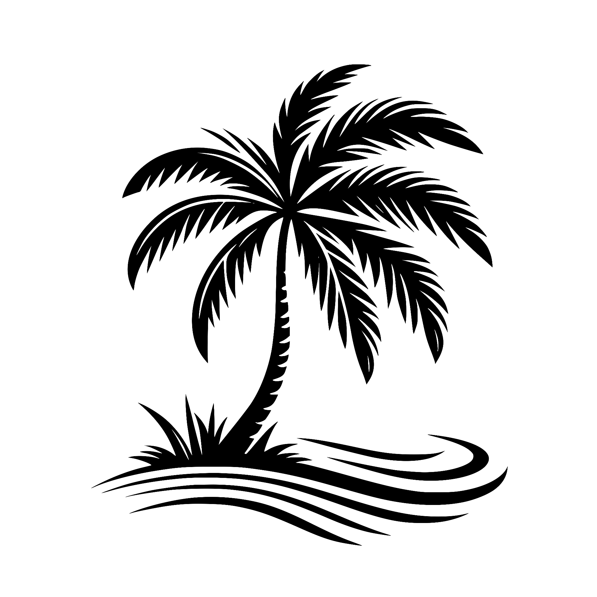 Palm tree with grass and waves silhouette