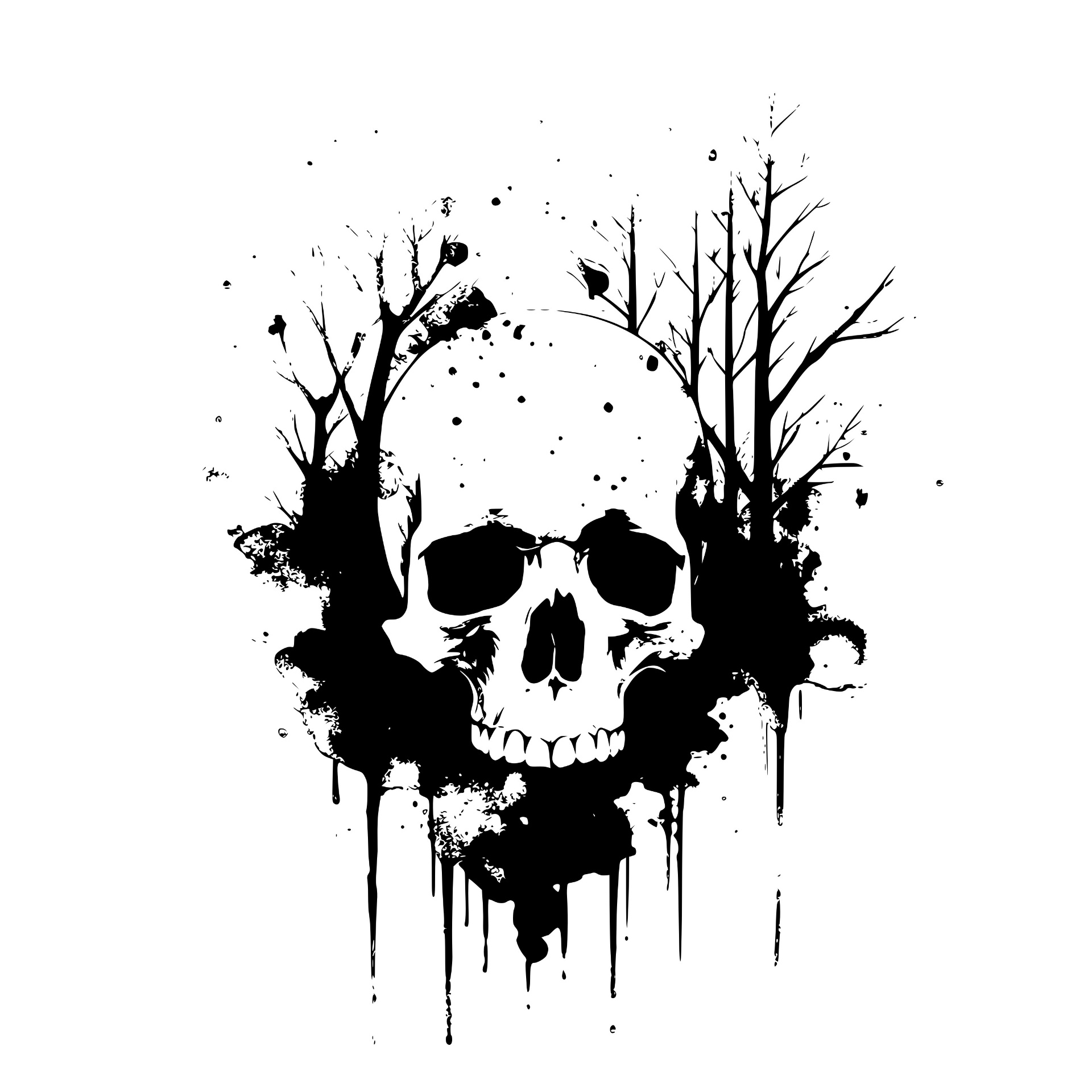 Skull with bare trees and ink splatter