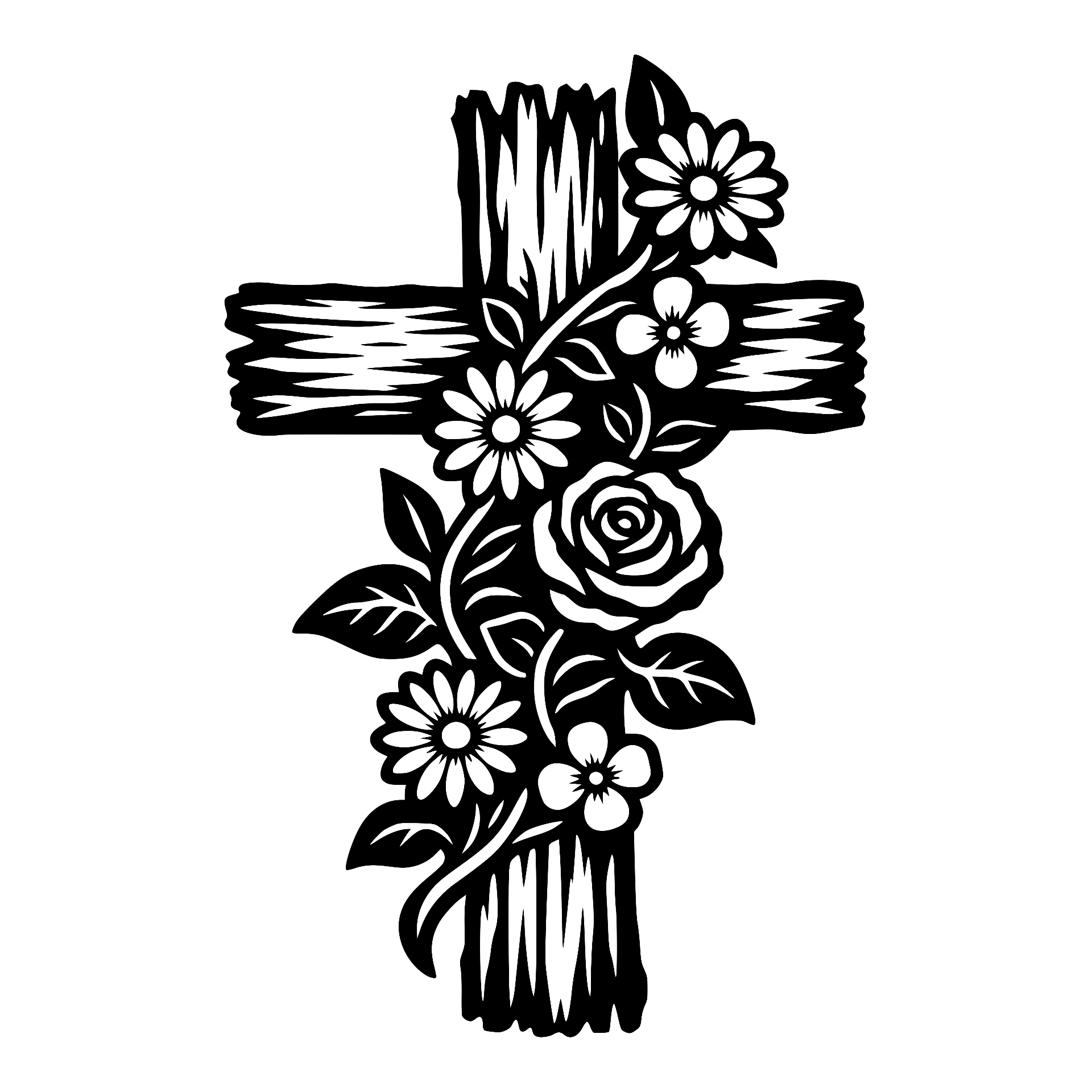 Wooden cross adorned with a rose and daisies